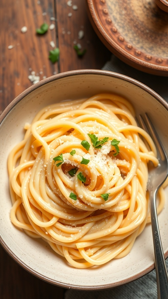 Creamy Parmesan Pasta Recipe A bowl of creamy parmesan pasta garnished with parsley on a wooden table.